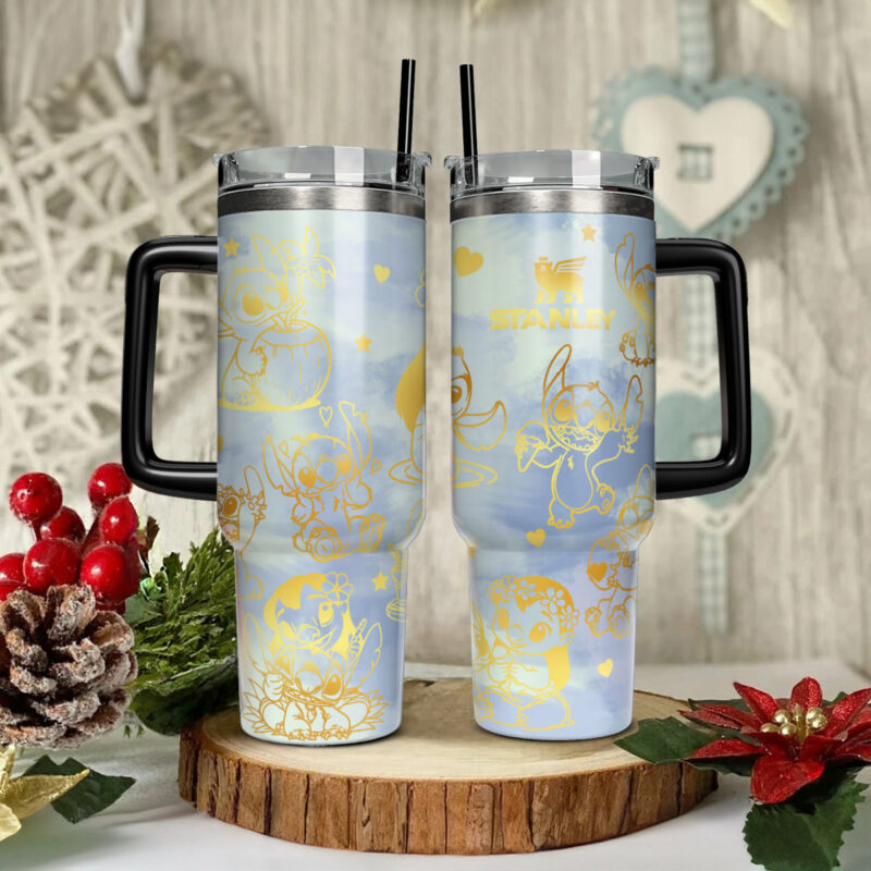 Stitch Cartoon Custom Stanley Quencher 40oz Stainless Steel Tumbler With Handle - Threewoofs - Image 2