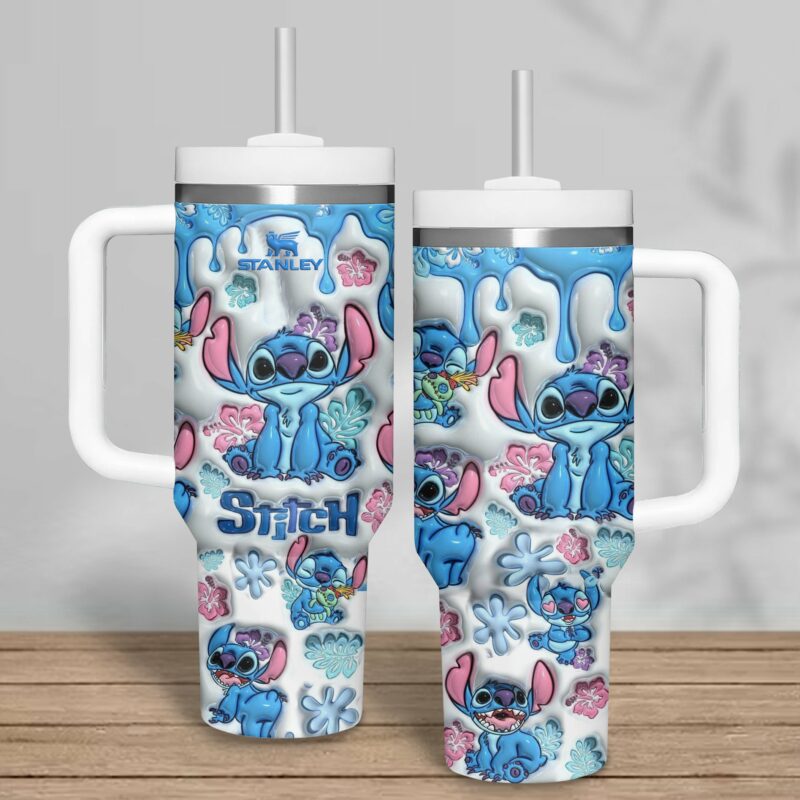 Stitch Cartoon Custom Stanley Quencher 40oz Stainless Steel Tumbler With Handle - Threewoofs - Image 2