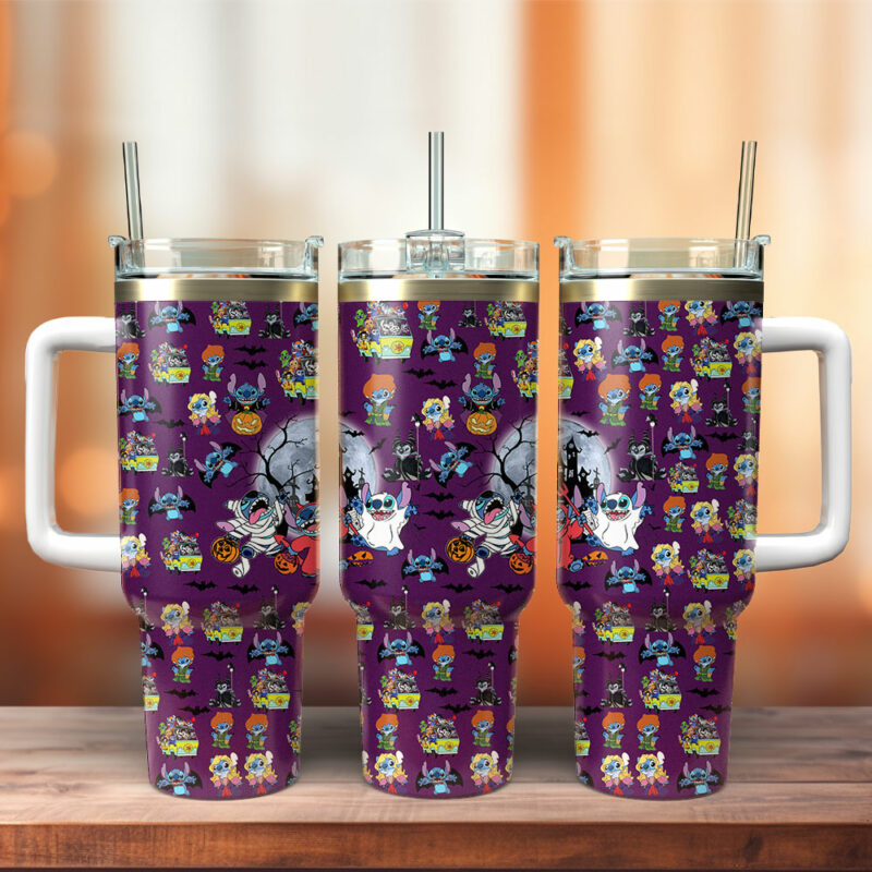 Stitch Cartoon Custom Stanley Quencher 40oz Stainless Steel Tumbler With Handle - Threewoofs