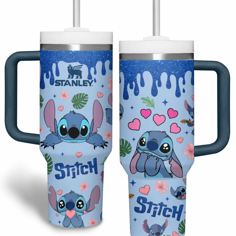 Stitch Cartoon Custom Stanley Quencher 40oz Stainless Steel Tumbler With Handle - Threewoofs - Image 2