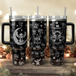 Stitch Cartoon Custom Stanley Quencher 40oz Stainless Steel Tumbler With Handle - Threewoofs