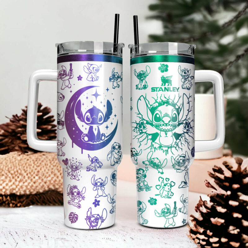 Stitch Cartoon Custom Stanley Quencher 40oz Stainless Steel Tumbler With Handle - Threewoofs - Image 2