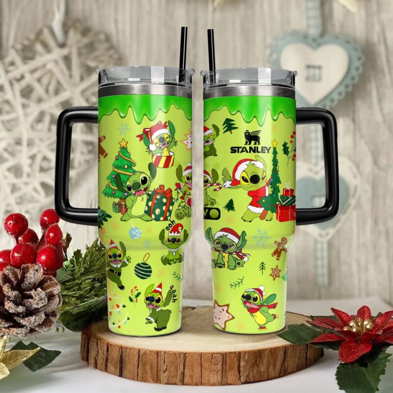 Stitch Cosplay Grinch Cartoon Christmas Custom Stanley Quencher 40oz Stainless Steel Tumbler With Handle - Threewoofs - Image 2