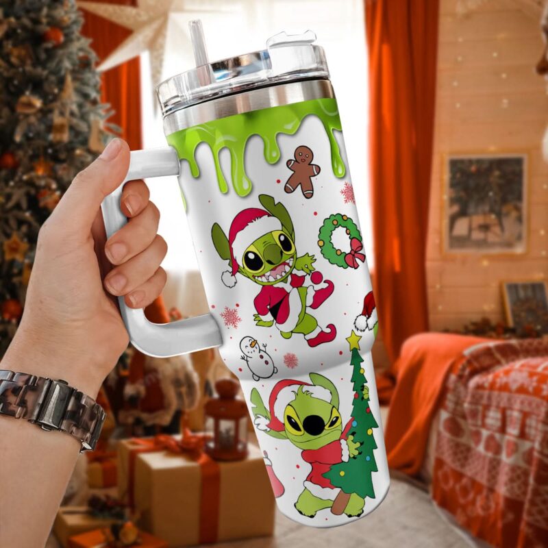 Stitch Cosplay Grinch Cartoon Christmas Custom Stanley Quencher 40oz Stainless Steel Tumbler With Handle - Threewoofs - Image 3