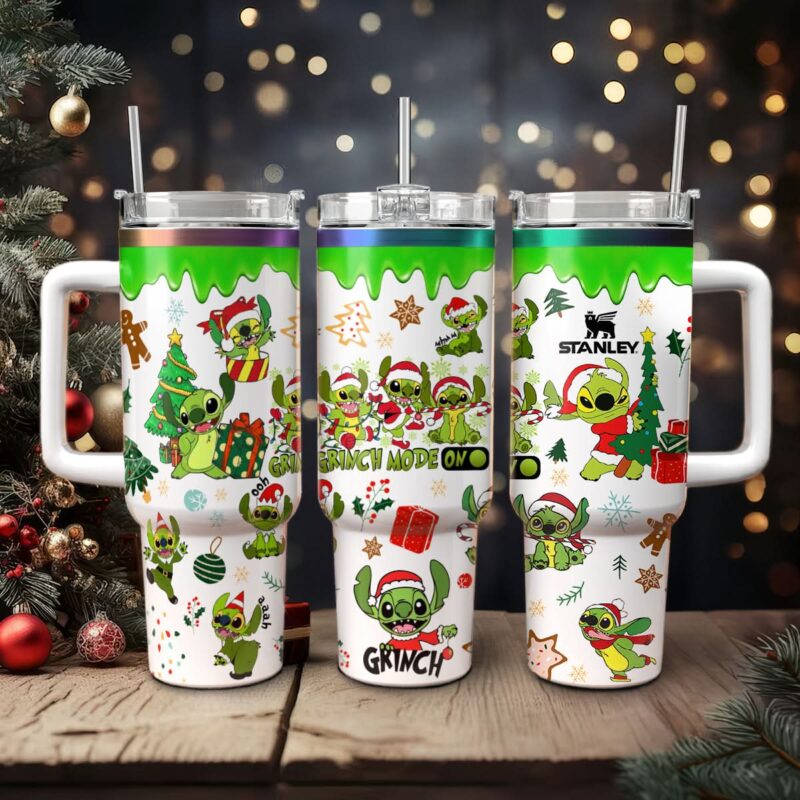 Stitch Cosplay Grinch Cartoon Christmas Custom Stanley Quencher 40oz Stainless Steel Tumbler With Handle - Threewoofs