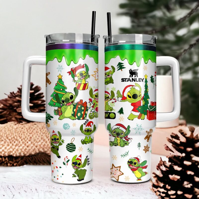 Stitch Cosplay Grinch Cartoon Christmas Custom Stanley Quencher 40oz Stainless Steel Tumbler With Handle - Threewoofs - Image 2