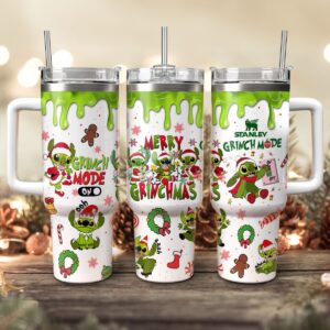 Stitch Cosplay Grinch Cartoon Christmas Custom Stanley Quencher 40oz Stainless Steel Tumbler With Handle - Threewoofs