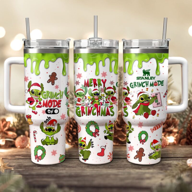 Stitch Cosplay Grinch Cartoon Christmas Custom Stanley Quencher 40oz Stainless Steel Tumbler With Handle - Threewoofs