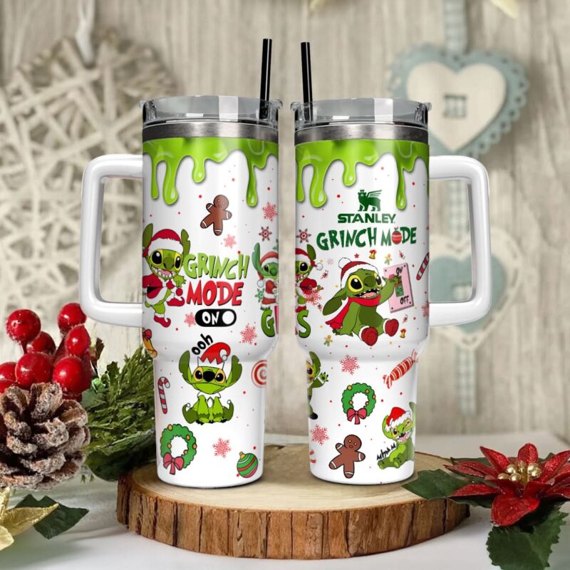 Stitch Cosplay Grinch Cartoon Christmas Custom Stanley Quencher 40oz Stainless Steel Tumbler With Handle - Threewoofs - Image 2