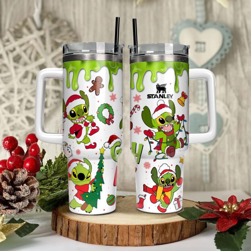 Stitch Cosplay Grinch Cartoon Christmas Custom Stanley Quencher 40oz Stainless Steel Tumbler With Handle - Threewoofs - Image 2