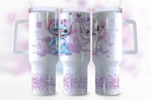 Cute Cartoon Character Tumbler with Handle - 40oz Glittery Purple Design