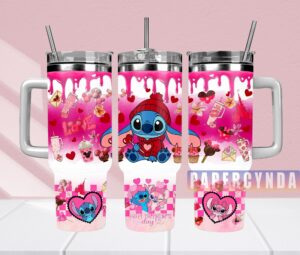 Cute Valentine's Day Tumbler with Heartwarming Characters and Straw