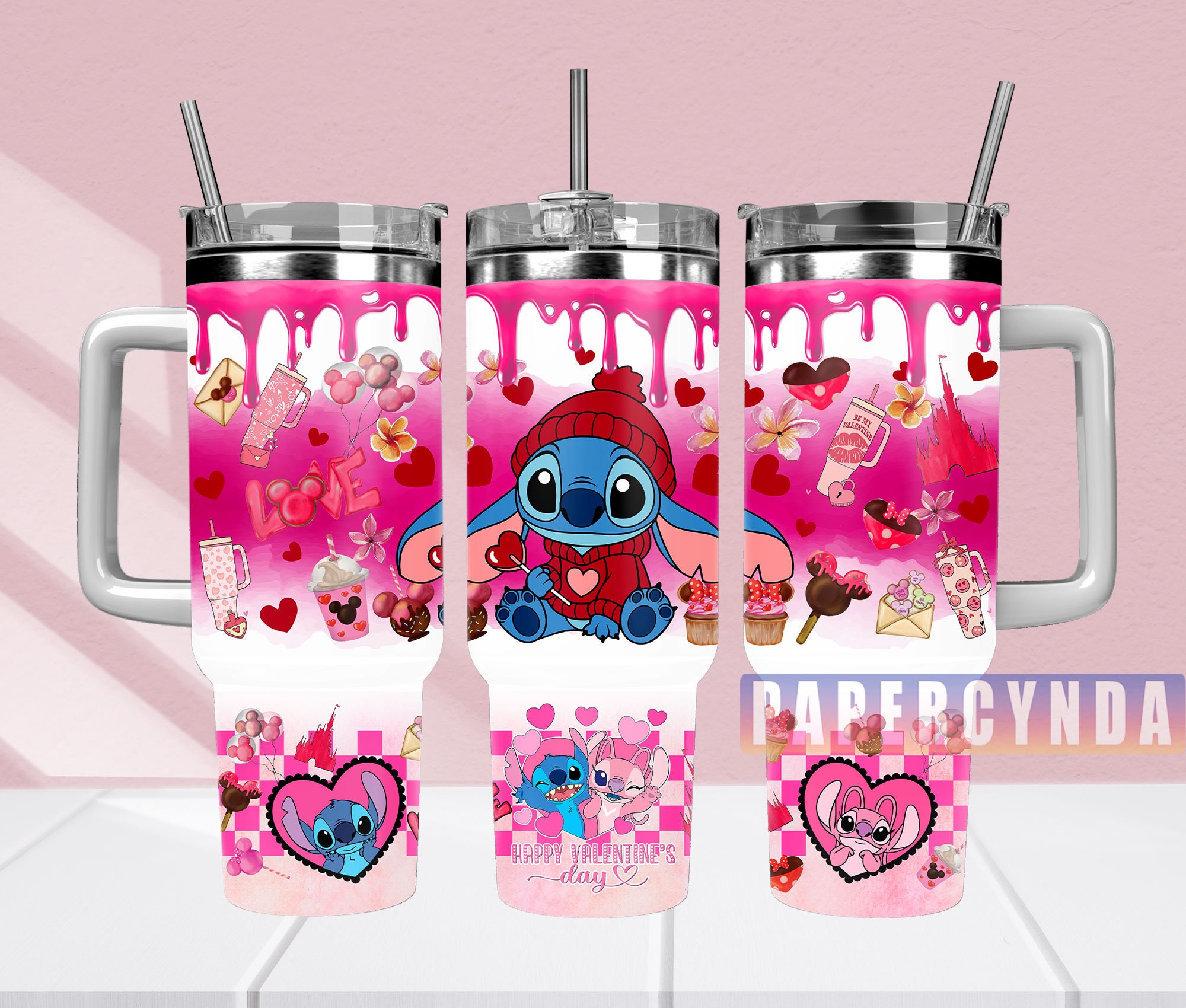 Cute Valentine's Day Tumbler with Heartwarming Characters and Straw