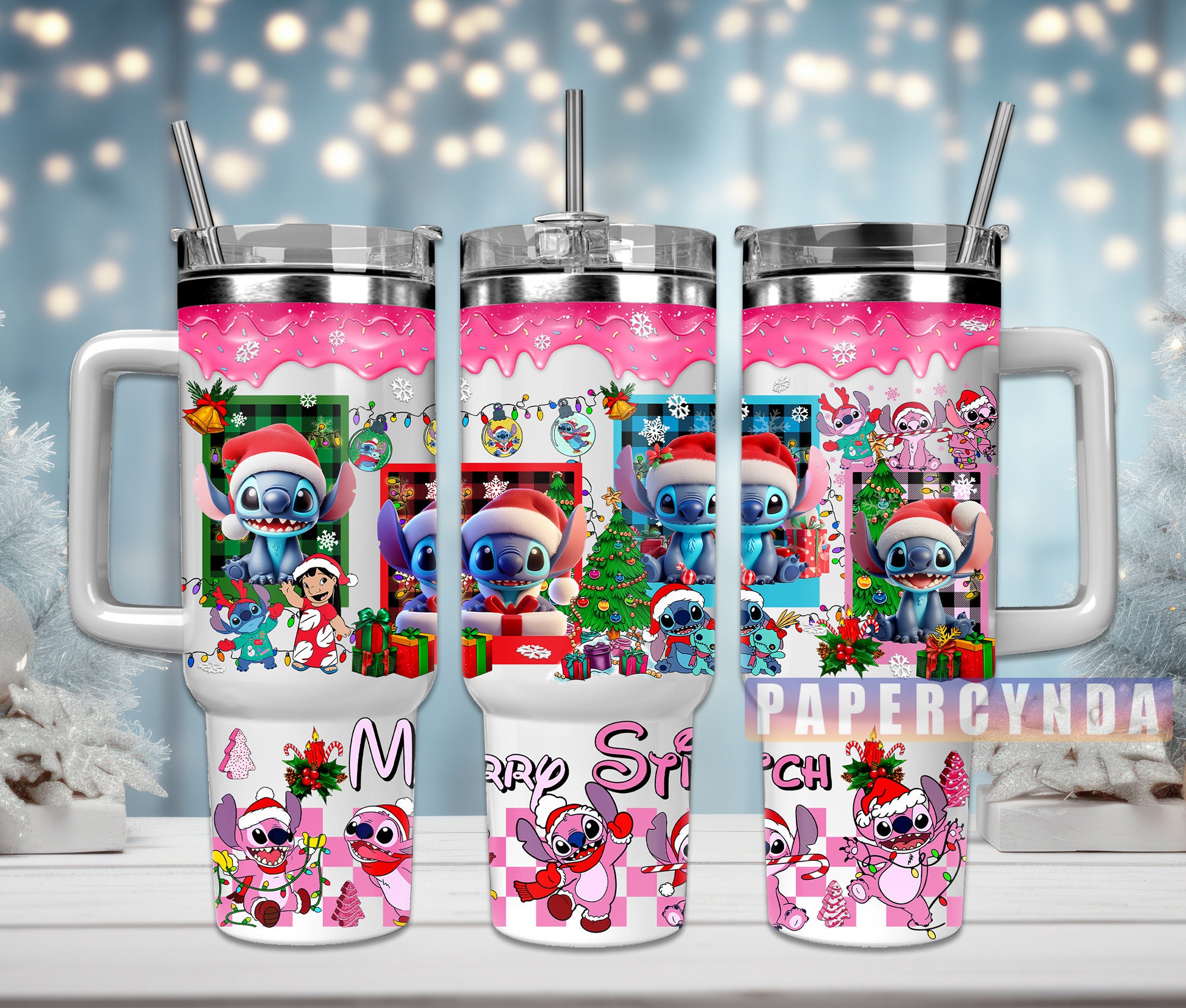 Festive Holiday Tumbler with Handle & Straw - Cute Cartoon Design