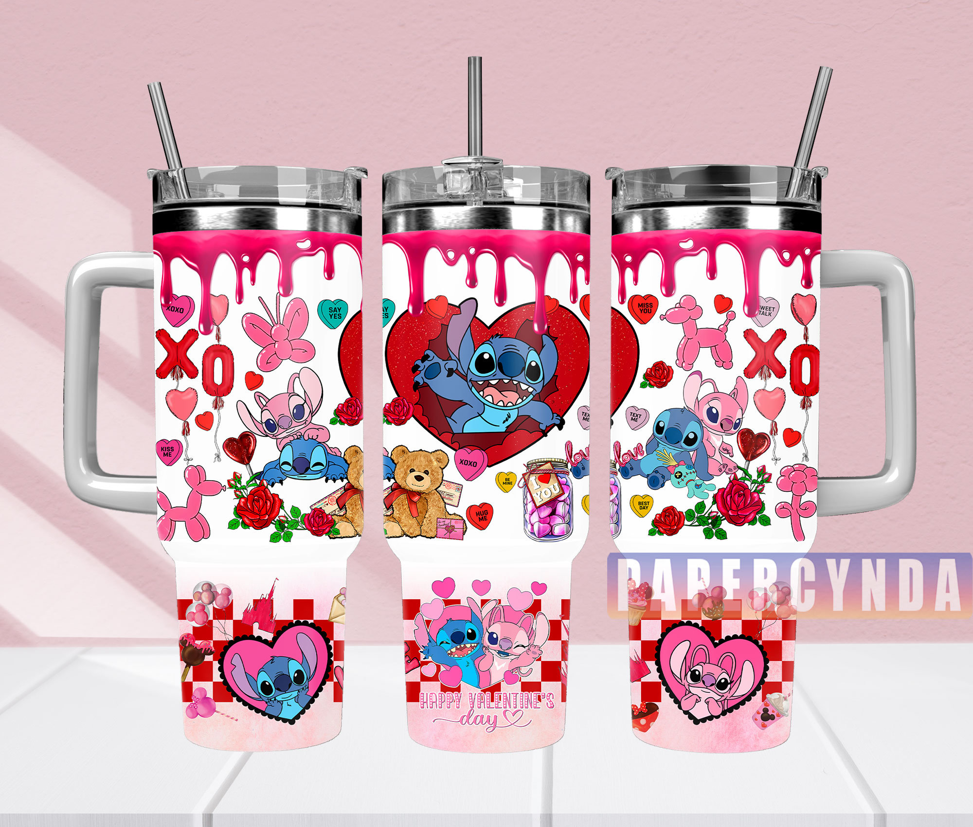 Valentine's Day Themed Tumbler with Straw - Cute Cartoon Design, Perfect Gift