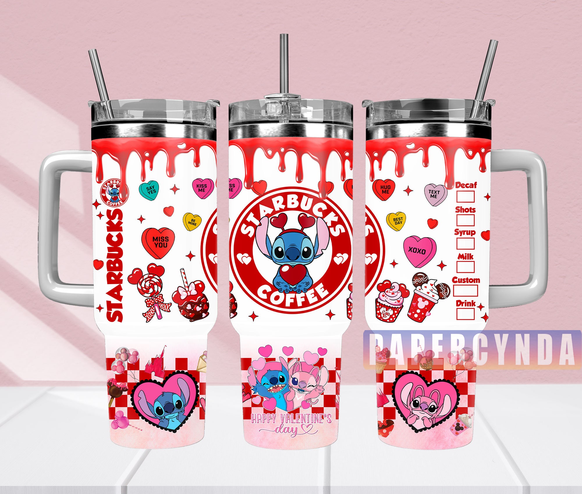 Valentine's Day Stitch Tumbler - Cute Coffee Travel Mug with Straw