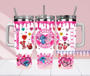 Valentine's Day Cute Cartoon Coffee Tumbler with Straw - Pink Design