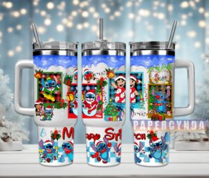 Festive Holiday Double-Wall Tumbler with Straw - Cute Christmas Characters