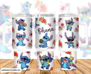 Stitch Ohana Floral Tumbler with Straw & Handle - Fun & Vibrant Design
