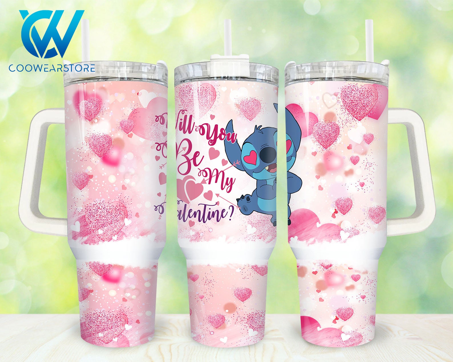 Cute Valentine's Day Tumbler with Handle - Heart Design, 40oz