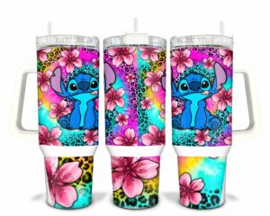 Colorful Floral & Character Design Tumbler with Handle - Insulated Travel Cup