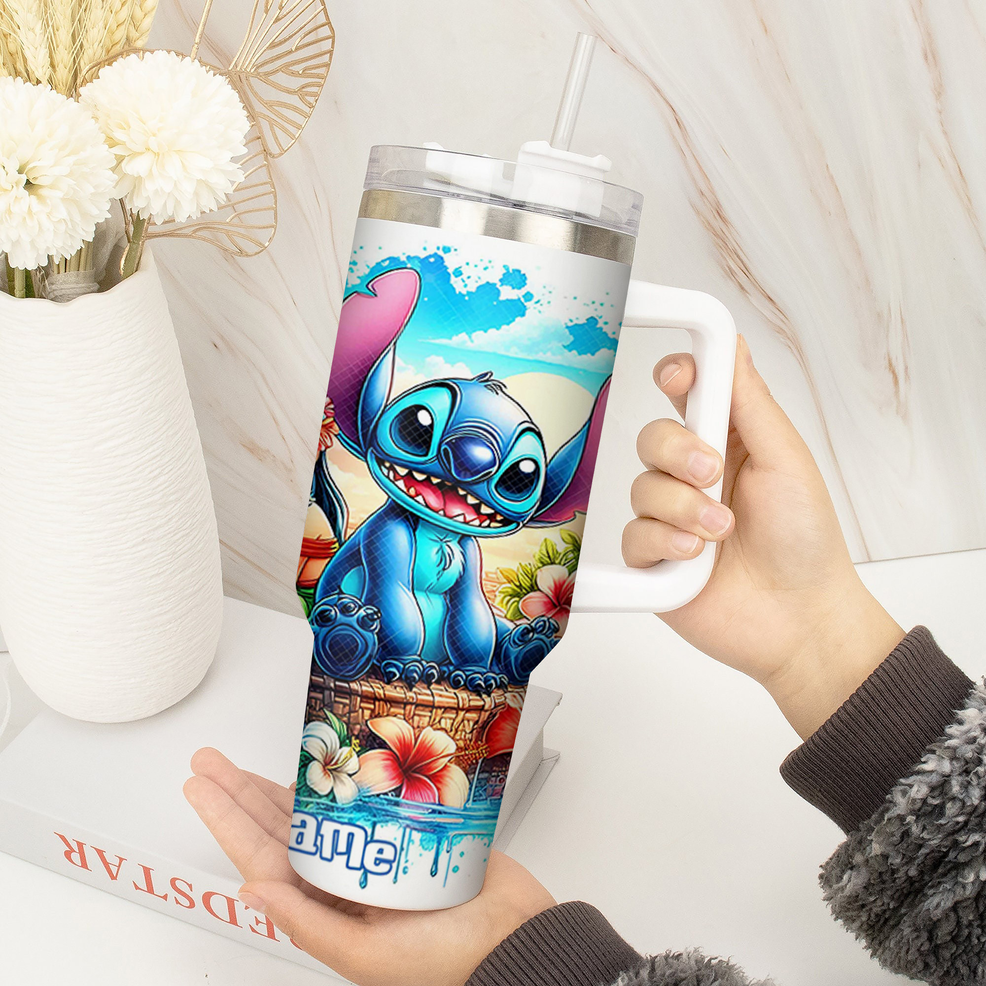 Personalized Tropical Tumbler with Cute Cartoon Characters - Image 2