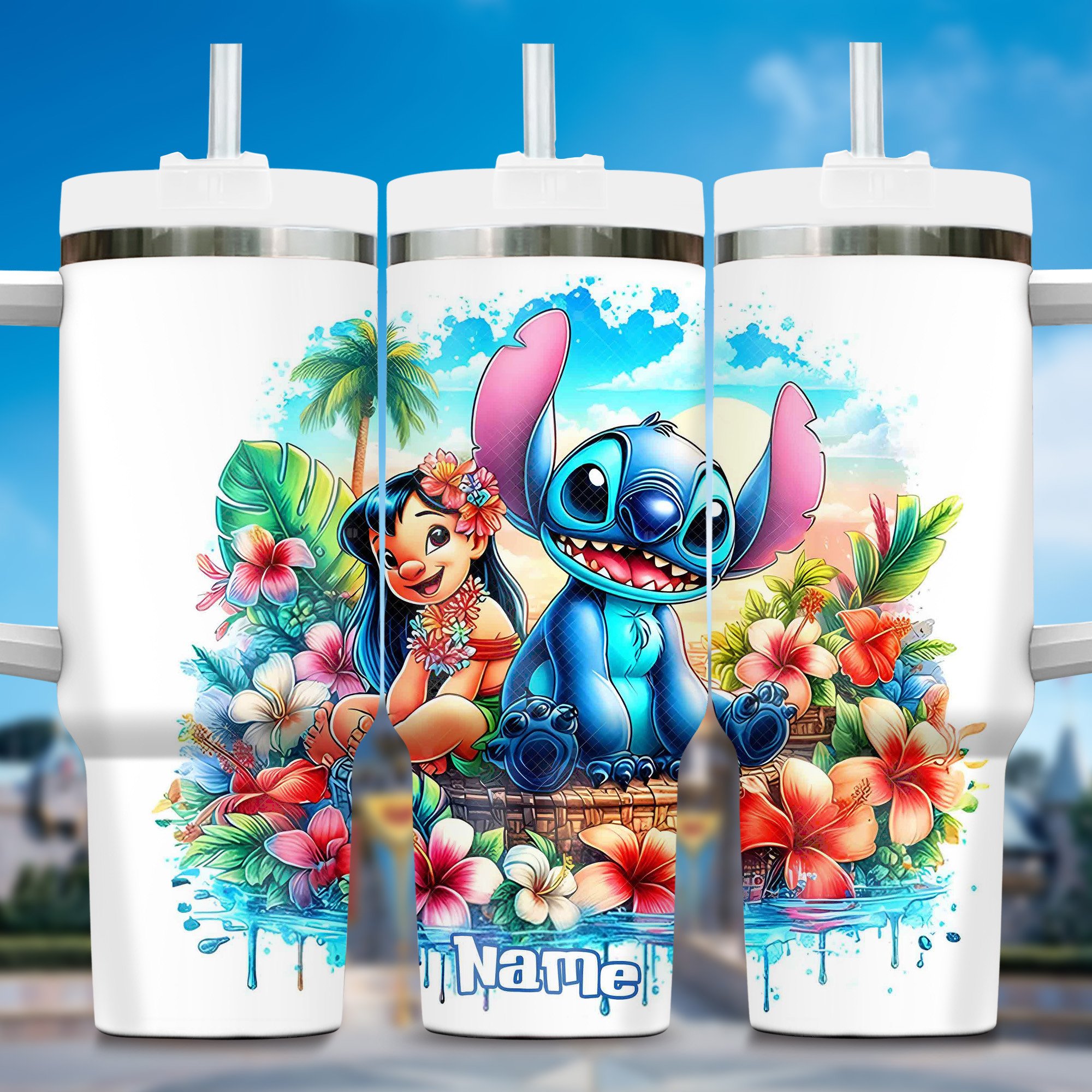 Personalized Tropical Tumbler with Cute Cartoon Characters