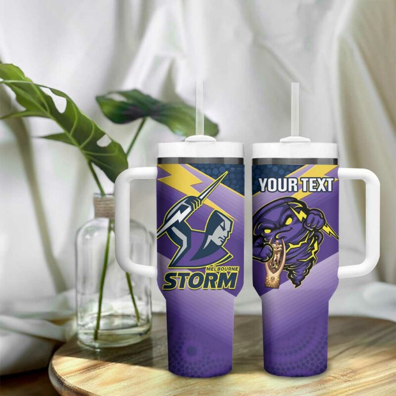 Storm Rugby 2024 Mascot With Trophy Go Champions Aboriginal Art Custom Stanley Quencher 40oz Stainless Steel Tumbler With Handle - Threewoofs - Image 9