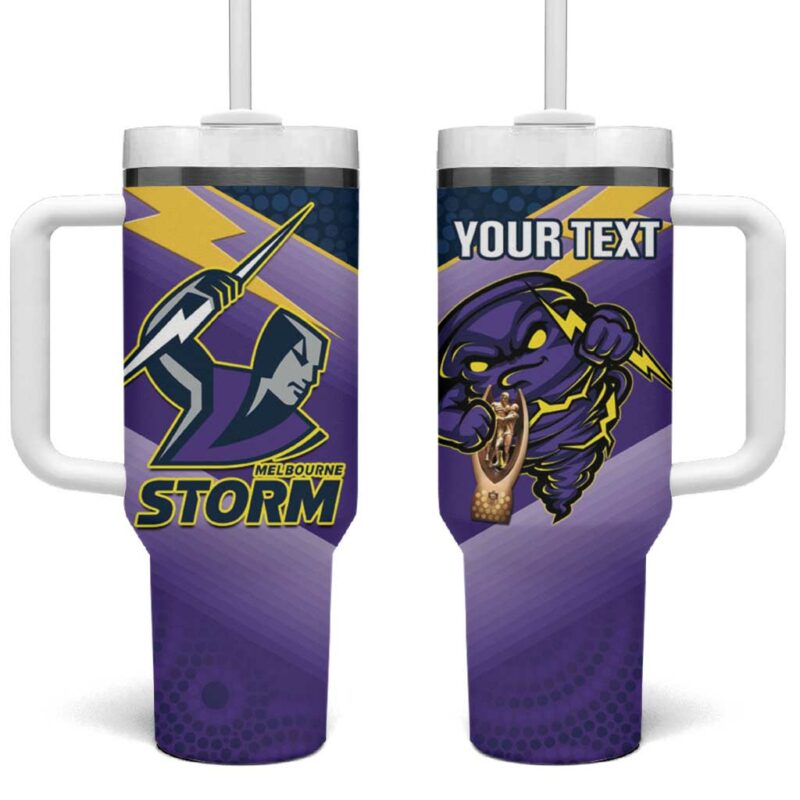 Storm Rugby 2024 Mascot With Trophy Go Champions Aboriginal Art Custom Stanley Quencher 40oz Stainless Steel Tumbler With Handle - Threewoofs - Image 2