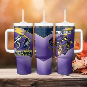 Storm Rugby 2024 Mascot With Trophy Go Champions Aboriginal Art Custom Stanley Quencher 40oz Stainless Steel Tumbler With Handle - Threewoofs