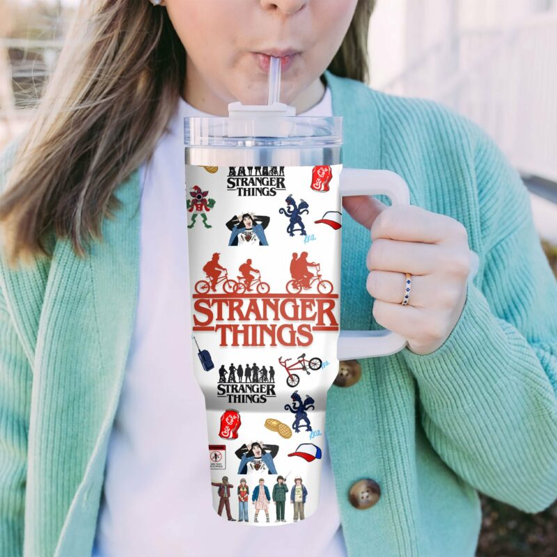 Stranger Things Movies Custom Stanley Quencher 40oz Stainless Steel Tumbler With Handle - Threewoofs - Image 3