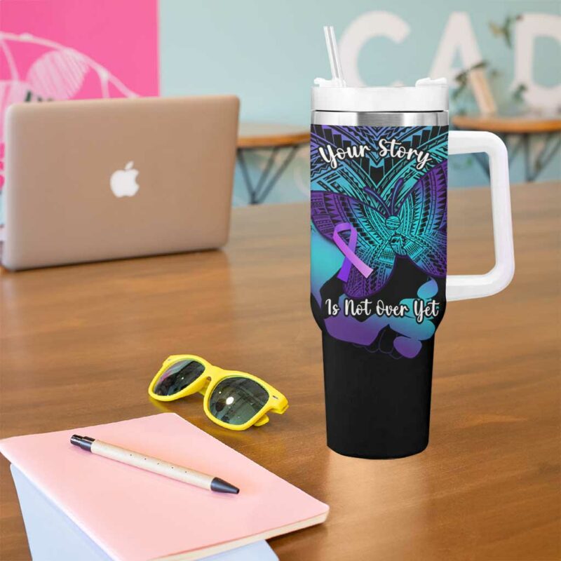Suicide Awareness Your Story Is Not Over Yet Polynesian Butterfly Tattoo Custom Stanley Quencher 40oz Stainless Steel Tumbler With Handle - Threewoofs - Image 5