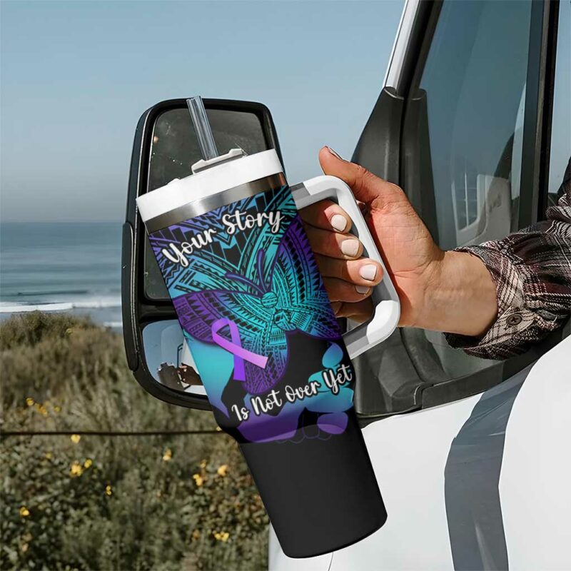 Suicide Awareness Your Story Is Not Over Yet Polynesian Butterfly Tattoo Custom Stanley Quencher 40oz Stainless Steel Tumbler With Handle - Threewoofs - Image 7