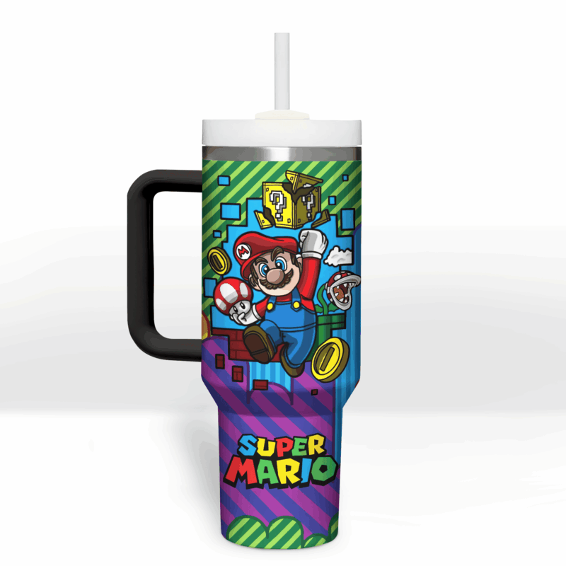 Super Mario Games Custom Stanley Quencher 40oz Stainless Steel Tumbler With Handle - Threewoofs - Image 3