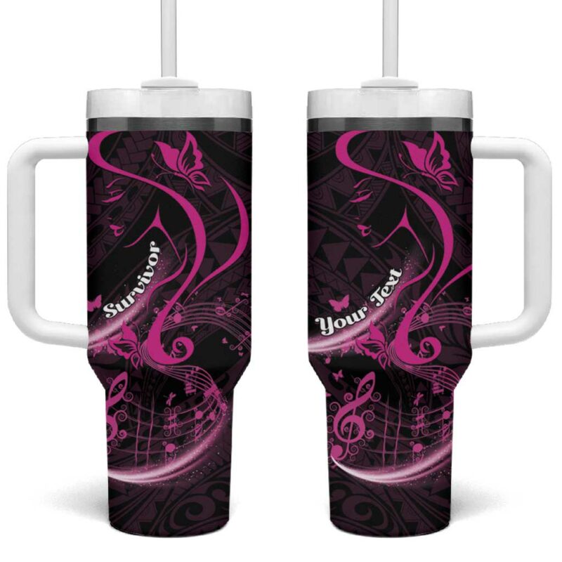Survivor Melody Pink Breast Cancer Polynesian Custom Stanley Quencher 40oz Stainless Steel Tumbler With Handle - Threewoofs