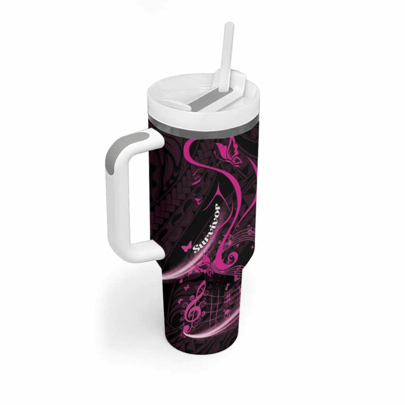 Survivor Melody Pink Breast Cancer Polynesian Custom Stanley Quencher 40oz Stainless Steel Tumbler With Handle - Threewoofs - Image 2