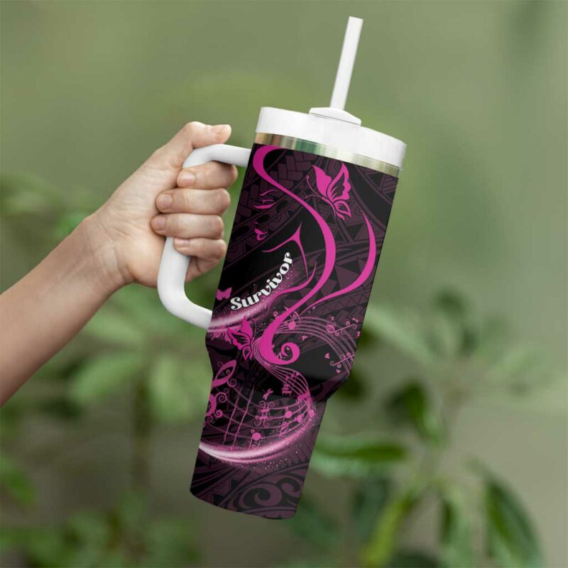Survivor Melody Pink Breast Cancer Polynesian Custom Stanley Quencher 40oz Stainless Steel Tumbler With Handle - Threewoofs - Image 3