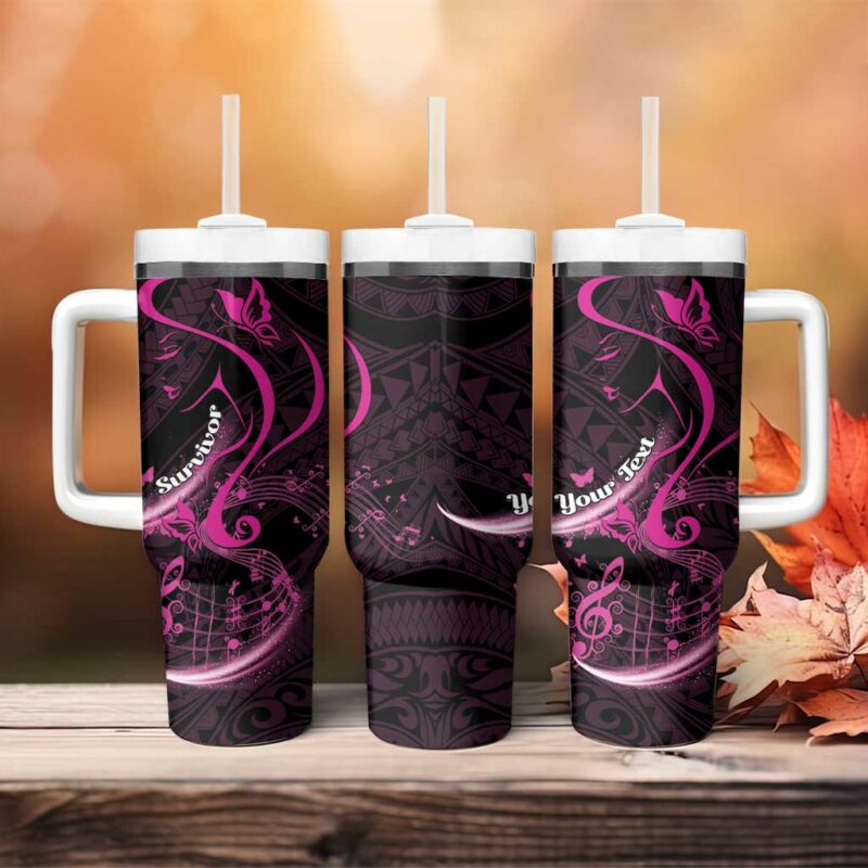 Survivor Melody Pink Breast Cancer Polynesian Custom Stanley Quencher 40oz Stainless Steel Tumbler With Handle - Threewoofs - Image 4