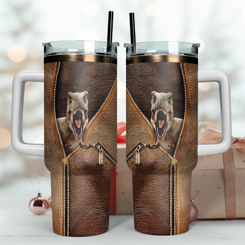 T-rex Dinosaur Custom Stanley Quencher 40oz Stainless Steel Tumbler With Handle - Threewoofs - Image 4