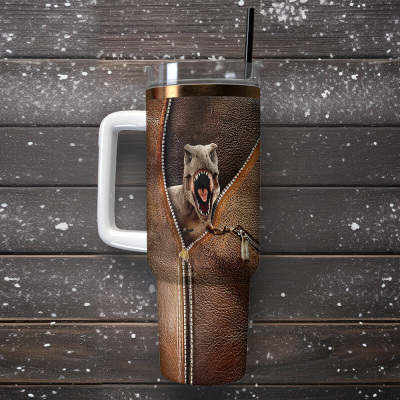 T-rex Dinosaur Custom Stanley Quencher 40oz Stainless Steel Tumbler With Handle - Threewoofs - Image 2