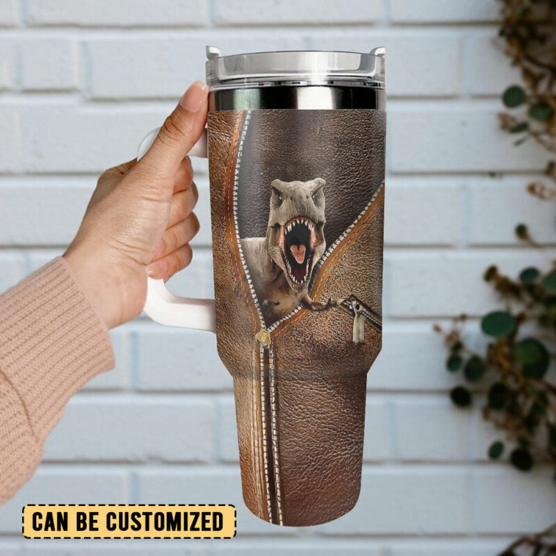 T-rex Dinosaur Custom Stanley Quencher 40oz Stainless Steel Tumbler With Handle - Threewoofs - Image 3