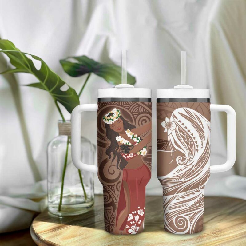 Tahiti Islands Polynesian Plumeria Tahitian Vahine ‚ÄòOte‚Äôa Beige Custom Stanley Quencher 40oz Stainless Steel Tumbler With Handle - Threewoofs - Image 9
