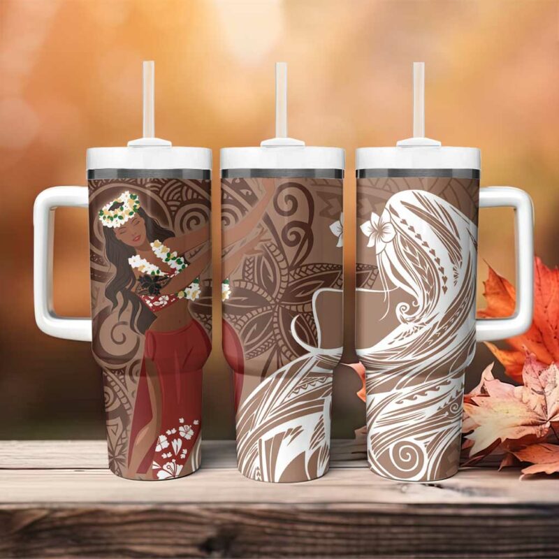Tahiti Islands Polynesian Plumeria Tahitian Vahine ‚ÄòOte‚Äôa Beige Custom Stanley Quencher 40oz Stainless Steel Tumbler With Handle - Threewoofs - Image 4