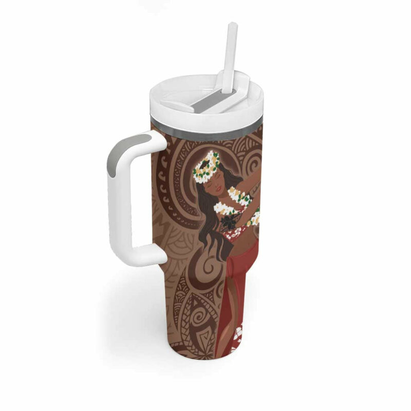 Tahiti Islands Polynesian Plumeria Tahitian Vahine ‚ÄòOte‚Äôa Beige Custom Stanley Quencher 40oz Stainless Steel Tumbler With Handle - Threewoofs - Image 2