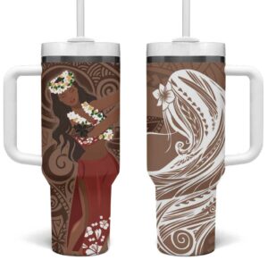 Tahiti Islands Polynesian Plumeria Tahitian Vahine ‚ÄòOte‚Äôa Beige Custom Stanley Quencher 40oz Stainless Steel Tumbler With Handle - Threewoofs