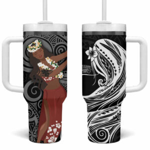 Tahiti Islands Polynesian Plumeria Tahitian Vahine ‚ÄòOte‚Äôa Black Custom Stanley Quencher 40oz Stainless Steel Tumbler With Handle - Threewoofs