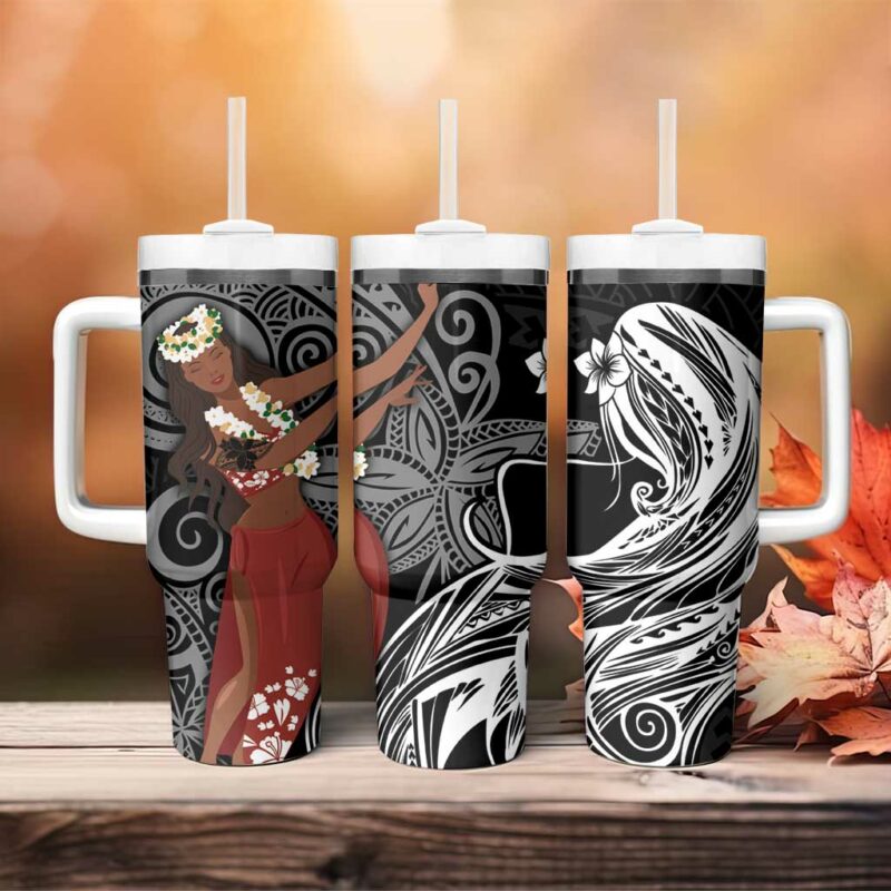Tahiti Islands Polynesian Plumeria Tahitian Vahine ‚ÄòOte‚Äôa Black Custom Stanley Quencher 40oz Stainless Steel Tumbler With Handle - Threewoofs - Image 4