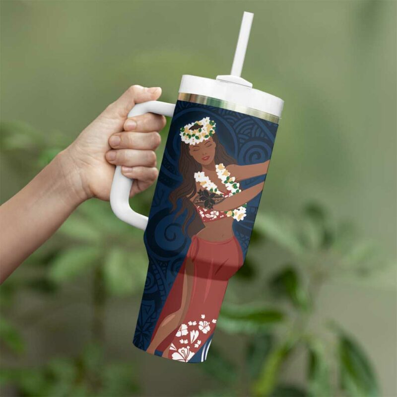 Tahiti Islands Polynesian Plumeria Tahitian Vahine ‚ÄòOte‚Äôa Navy Blue Custom Stanley Quencher 40oz Stainless Steel Tumbler With Handle - Threewoofs - Image 3
