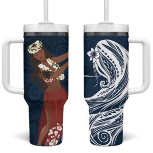 Tahiti Islands Polynesian Plumeria Tahitian Vahine ‚ÄòOte‚Äôa Navy Blue Custom Stanley Quencher 40oz Stainless Steel Tumbler With Handle - Threewoofs