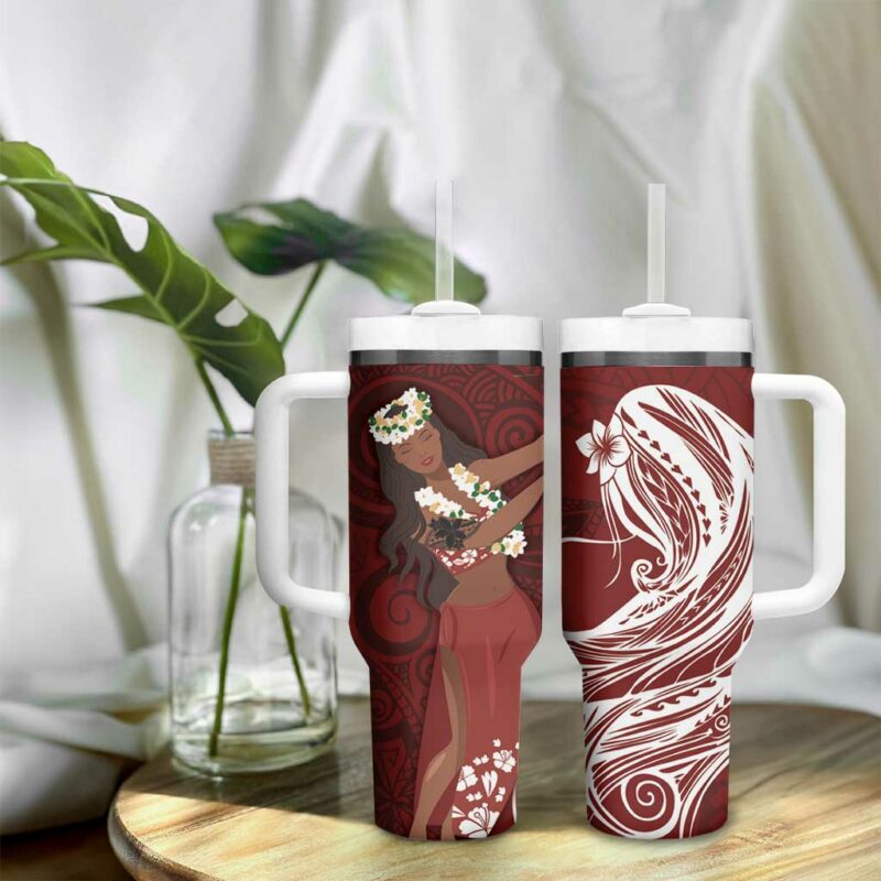 Tahiti Islands Polynesian Plumeria Tahitian Vahine ‚ÄòOte‚Äôa Scarlet Custom Stanley Quencher 40oz Stainless Steel Tumbler With Handle - Threewoofs - Image 9